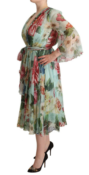 Green Floral Long Sleeves V-neck Midi Dress Green Floral Long Sleeves V-neck Midi Dress