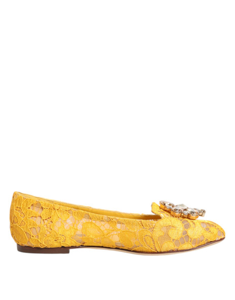 Dolce & Gabbana Yellow Taormina Lace Crystals Flats Shoes Dolce & Gabbana Yellow Taormina Lace Crystals Flats Shoes