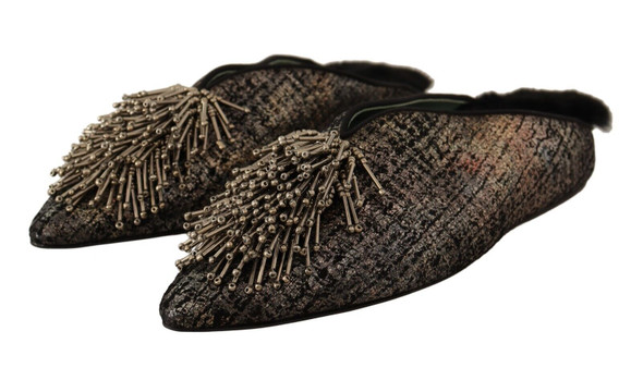 Gold Jacquard Leather Embellished Slip On Shoes Gold Jacquard Leather Embellished Slip On Shoes