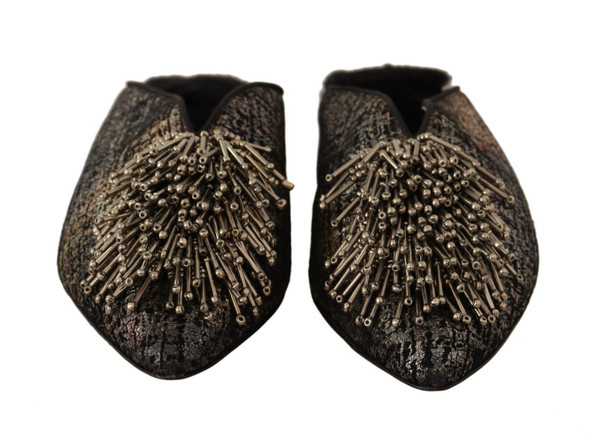 Gold Jacquard Leather Embellished Slip On Shoes Gold Jacquard Leather Embellished Slip On Shoes