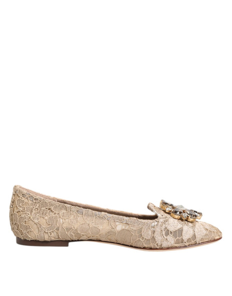 Dolce & Gabbana Ivory Taormina Lace Crystals Flats Shoes Dolce & Gabbana Ivory Taormina Lace Crystals Flats Shoes