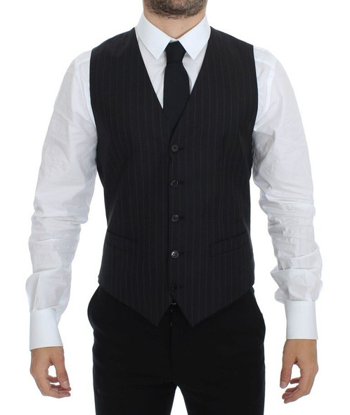 Dolce & Gabbana Black Striped Wool Silk Dress Vest Gilet Dolce & Gabbana Black Striped Wool Silk Dress Vest Gilet