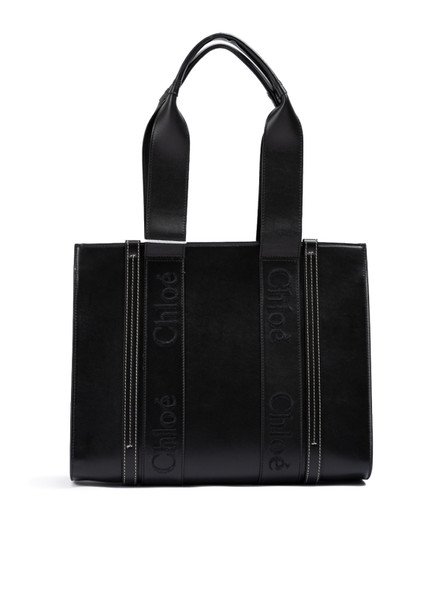 Black Woody Embroidered Logo Leather Medium Tote Bag Black Woody Embroidered Logo Leather Medium Tote Bag