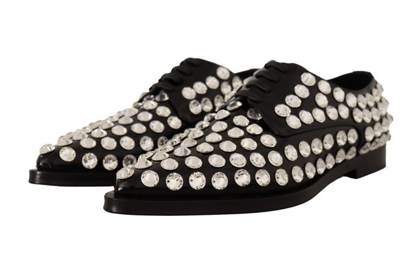 Dolce & Gabbana Black Leather Crystals Lace Up Formal Shoes Dolce & Gabbana Black Leather Crystals Lace Up Formal Shoes