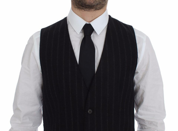 Dolce & Gabbana Black Striped Wool Logo Vest Gilet Weste Dolce & Gabbana Black Striped Wool Logo Vest Gilet Weste