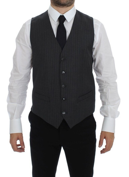 Dolce & Gabbana Black Striped Wool Single Breasted Vest Dolce & Gabbana Black Striped Wool Single Breasted Vest