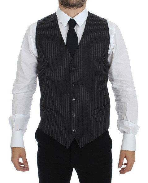 Dolce & Gabbana Gray Striped Wool Single Breasted Vest Dolce & Gabbana Gray Striped Wool Single Breasted Vest