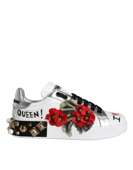 White Leather Floral Studded Sneakers Shoes White Leather Floral Studded Sneakers Shoes