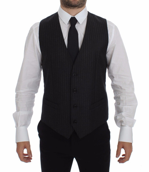 Dolce & Gabbana Gray Striped Wool Logo Vest Gilet Vests Dolce & Gabbana Gray Striped Wool Logo Vest Gilet Vests