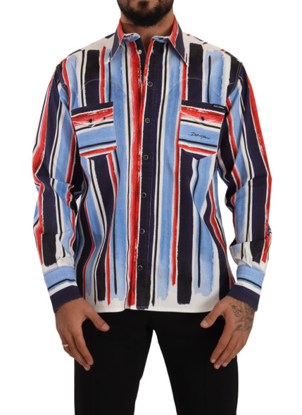 Dolce & Gabbana Red Striped Long Sleeve Cotton Shirt Blue Dolce & Gabbana Red Striped Long Sleeve Cotton Shirt Blue