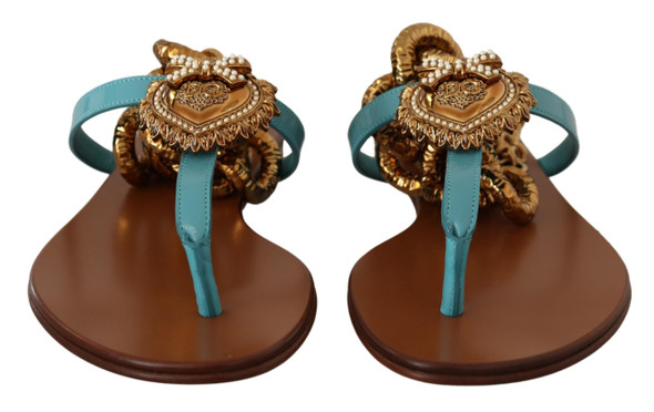 Dolce & Gabbana Blue Leather Devotion Flats Sandals Dolce & Gabbana Blue Leather Devotion Flats Sandals