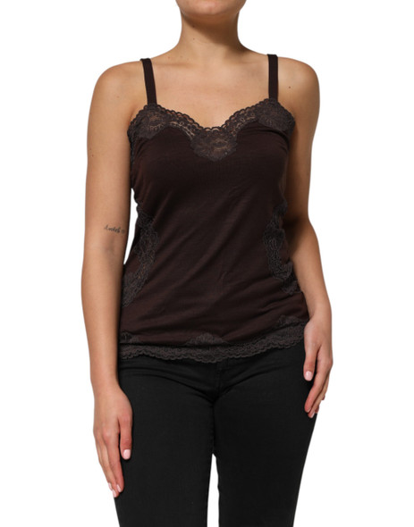 Dolce & Gabbana Dark Brown Lace Trim Wool Sleeveless Tank Top Dolce & Gabbana Dark Brown Lace Trim Wool Sleeveless Tank Top