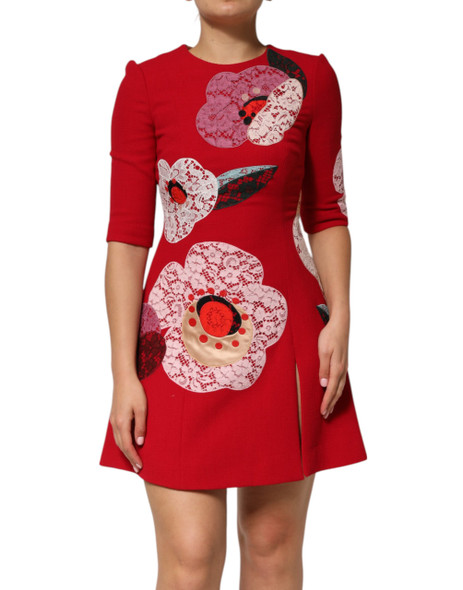 Dolce & Gabbana Red Lace Floral Applique A-line Mini Dress Dolce & Gabbana Red Lace Floral Applique A-line Mini Dress