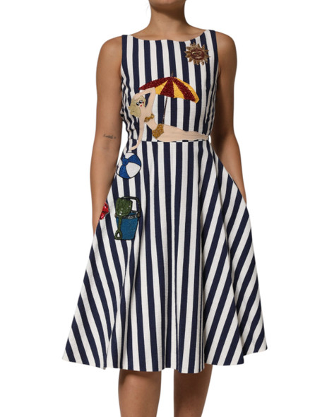 Dolce & Gabbana Blue White Striped Embroidered A-line Dress Dolce & Gabbana Blue White Striped Embroidered A-line Dress
