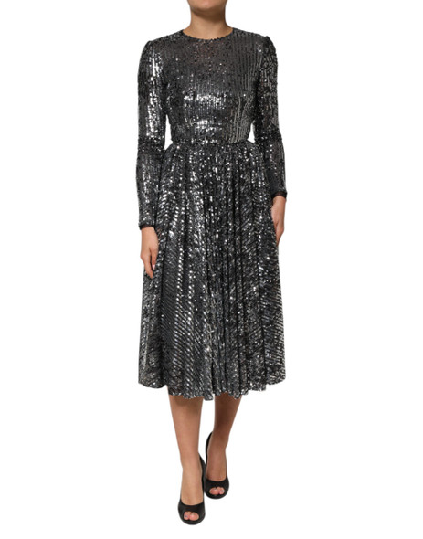 Dolce & Gabbana Black Sequined Long Sleeves Midi A-line Dress Dolce & Gabbana Black Sequined Long Sleeves Midi A-line Dress