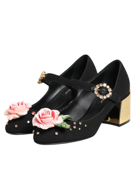 Dolce & Gabbana Black Flower Crystal Embellished Mary Jane Shoes Dolce & Gabbana Black Flower Crystal Embellished Mary Jane Shoes