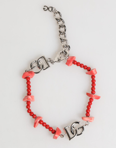 Silver Tone Brass Beaded Resin DG Logo Chain Men Bracelet Silver Tone Brass Beaded Resin DG Logo Chain Men Bracelet