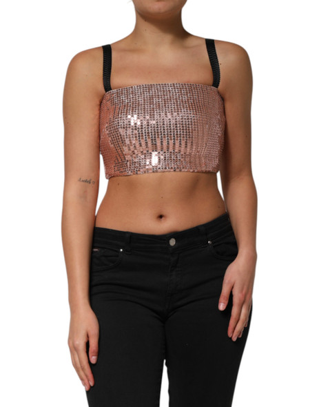 Pink Sequined Nylon Sleeveless Cropped Top Pink Sequined Nylon Sleeveless Cropped Top