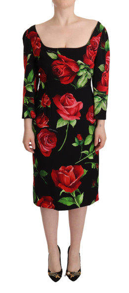Dolce & Gabbana Black Red Roses Sheath Stretch Silk Dress Dolce & Gabbana Black Red Roses Sheath Stretch Silk Dress