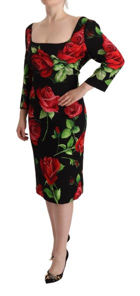 Dolce & Gabbana Black Red Roses Sheath Stretch Silk Dress Dolce & Gabbana Black Red Roses Sheath Stretch Silk Dress