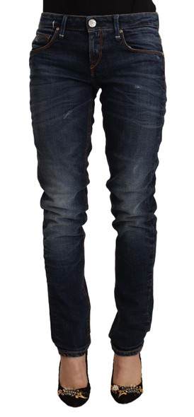 Blue Washed Cotton Mid Waist Skinny Denim Jeans Blue Washed Cotton Mid Waist Skinny Denim Jeans