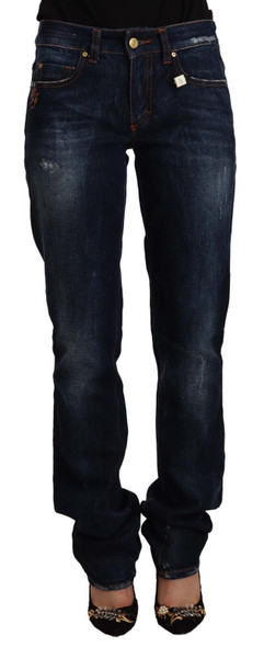 GF Ferre Dark Blue Washed Mid Waist Cotton Denim Straight Jeans GF Ferre Dark Blue Washed Mid Waist Cotton Denim Straight Jeans