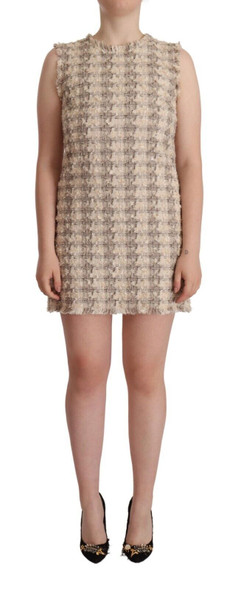 Beige Checkered Sleeveless Mini Shift Dress Beige Checkered Sleeveless Mini Shift Dress