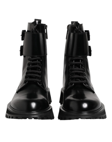 Black Leather Lace Up Mid Calf Boots Shoes MV7735 Black Leather Lace Up Mid Calf Boots Shoes MV7735