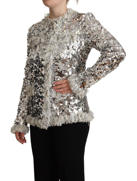Silver Sequined Shearling Long Sleeves Jacket Silver Sequined Shearling Long Sleeves Jacket