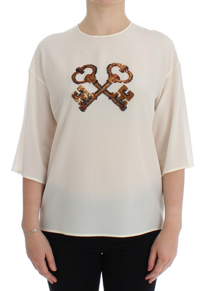 White Sequined Key Silk Blouse T-shirt Top White Sequined Key Silk Blouse T-shirt Top