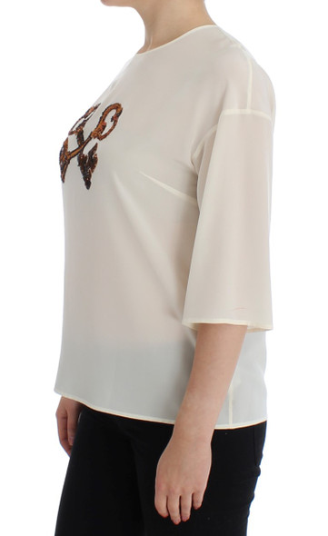 White Sequined Key Silk Blouse T-shirt Top White Sequined Key Silk Blouse T-shirt Top
