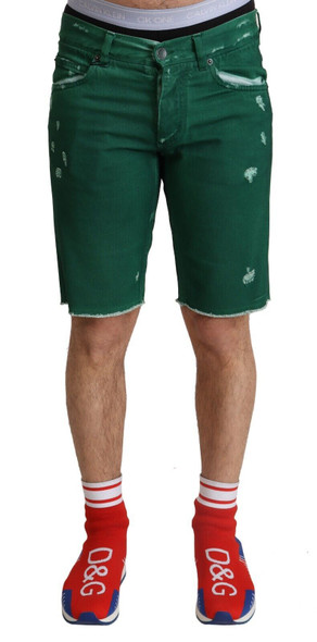 Dolce & Gabbana Green Tattered Cotton Men Denim Bermuda Shorts Dolce & Gabbana Green Tattered Cotton Men Denim Bermuda Shorts