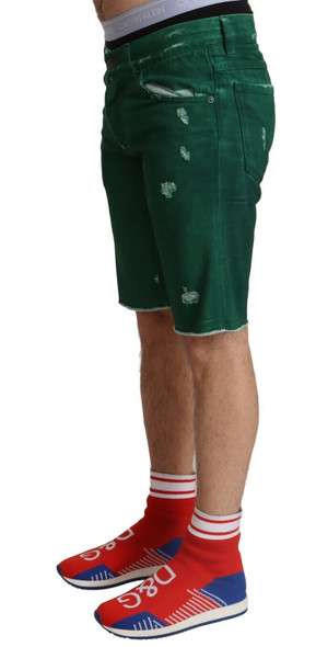 Dolce & Gabbana Green Tattered Cotton Men Denim Bermuda Shorts Dolce & Gabbana Green Tattered Cotton Men Denim Bermuda Shorts