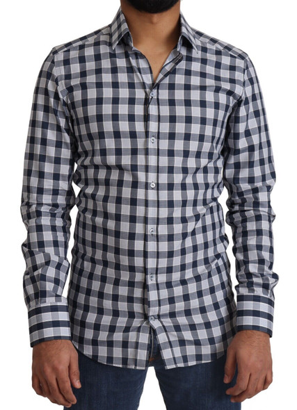 Dolce & Gabbana Blue White Check Cotton Slim Fit GOLD Shirt Dolce & Gabbana Blue White Check Cotton Slim Fit GOLD Shirt