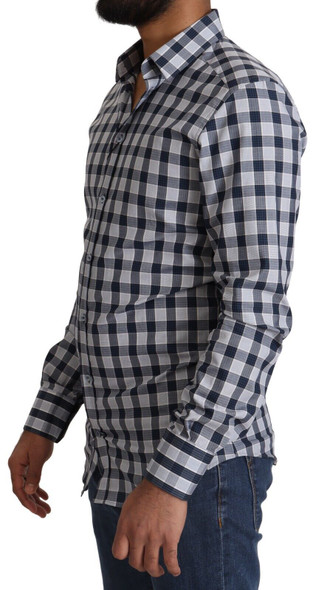 Dolce & Gabbana Blue White Check Cotton Slim Fit GOLD Shirt Dolce & Gabbana Blue White Check Cotton Slim Fit GOLD Shirt
