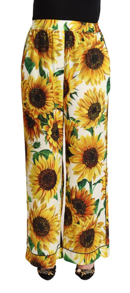 Dolce & Gabbana White Sunflower Print Mid Waist Wide Leg Pants Dolce & Gabbana White Sunflower Print Mid Waist Wide Leg Pants