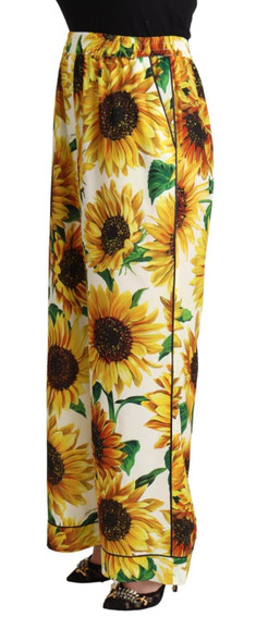 Dolce & Gabbana White Sunflower Print Mid Waist Wide Leg Pants Dolce & Gabbana White Sunflower Print Mid Waist Wide Leg Pants