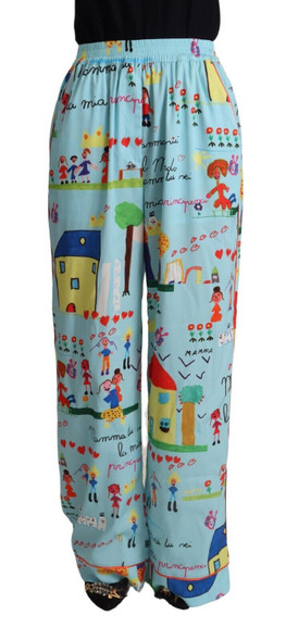 Dolce & Gabbana Light Blue Drawing Mid Waist Wide Leg Pants Dolce & Gabbana Light Blue Drawing Mid Waist Wide Leg Pants
