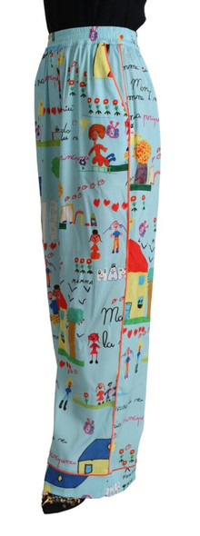 Dolce & Gabbana Light Blue Drawing Mid Waist Wide Leg Pants Dolce & Gabbana Light Blue Drawing Mid Waist Wide Leg Pants
