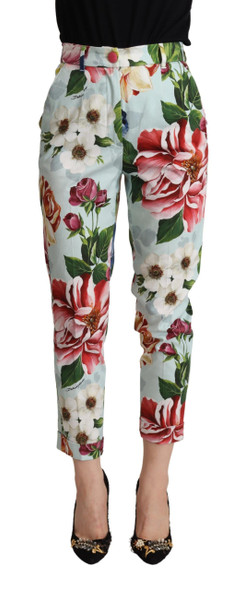 Light Blue Fiori Print Cotton Trouser Tapered Pants Light Blue Fiori Print Cotton Trouser Tapered Pants