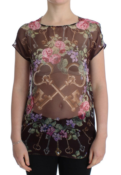Dolce & Gabbana Black Key Floral Print Silk Blouse T-shirt Dolce & Gabbana Black Key Floral Print Silk Blouse T-shirt