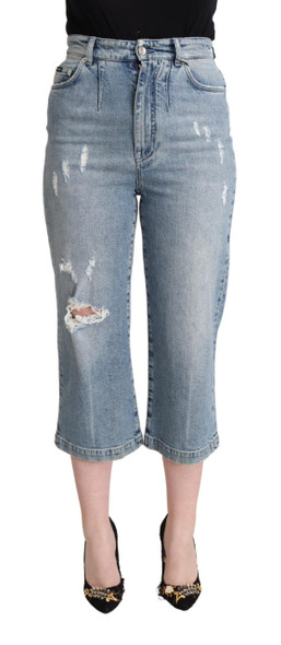 Blue Tattered Cotton Denim Capri Cropped Jeans Blue Tattered Cotton Denim Capri Cropped Jeans