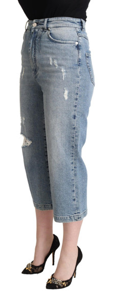 Blue Tattered Cotton Denim Capri Cropped Jeans Blue Tattered Cotton Denim Capri Cropped Jeans
