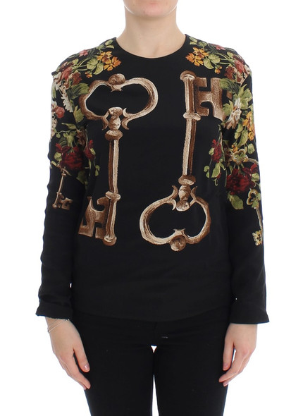 Black Key Floral Print Silk Blouse Top Black Key Floral Print Silk Blouse Top