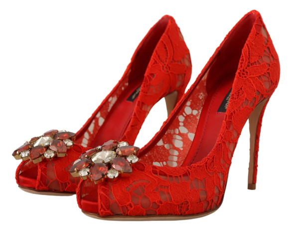Dolce & Gabbana Red Taormina Lace Crystal Heels Pumps Dolce & Gabbana Red Taormina Lace Crystal Heels Pumps