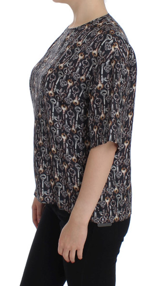 Dolce & Gabbana Gray Gold Key Print Silk Blouse T-shirt SIG13325 Dolce & Gabbana Gray Gold Key Print Silk Blouse T-shirt SIG13325