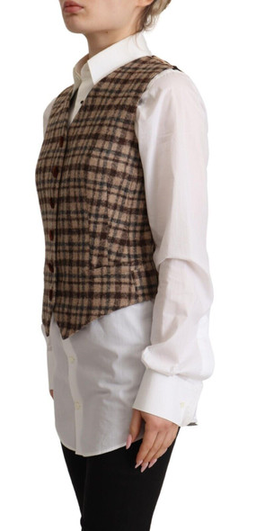 Dolce & Gabbana Brown Checkered Leopard V-neck Sleeveless Vest Top Dolce & Gabbana Brown Checkered Leopard V-neck Sleeveless Vest Top