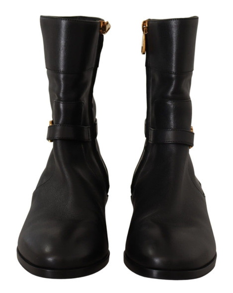 Black Leather Flats Logo Short Boots Shoes Black Leather Flats Logo Short Boots Shoes