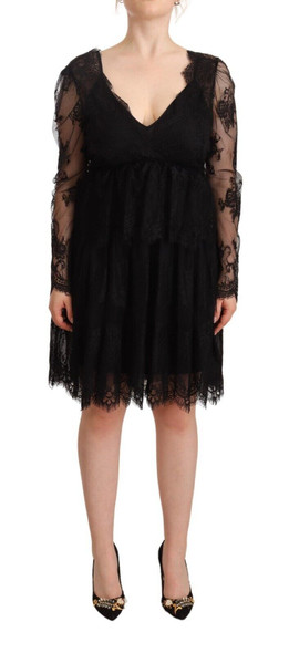 Black Floral Lace Cotton Long Sleeves V-neck Shift Dress Black Floral Lace Cotton Long Sleeves V-neck Shift Dress