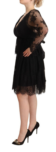 Black Floral Lace Cotton Long Sleeves V-neck Shift Dress Black Floral Lace Cotton Long Sleeves V-neck Shift Dress